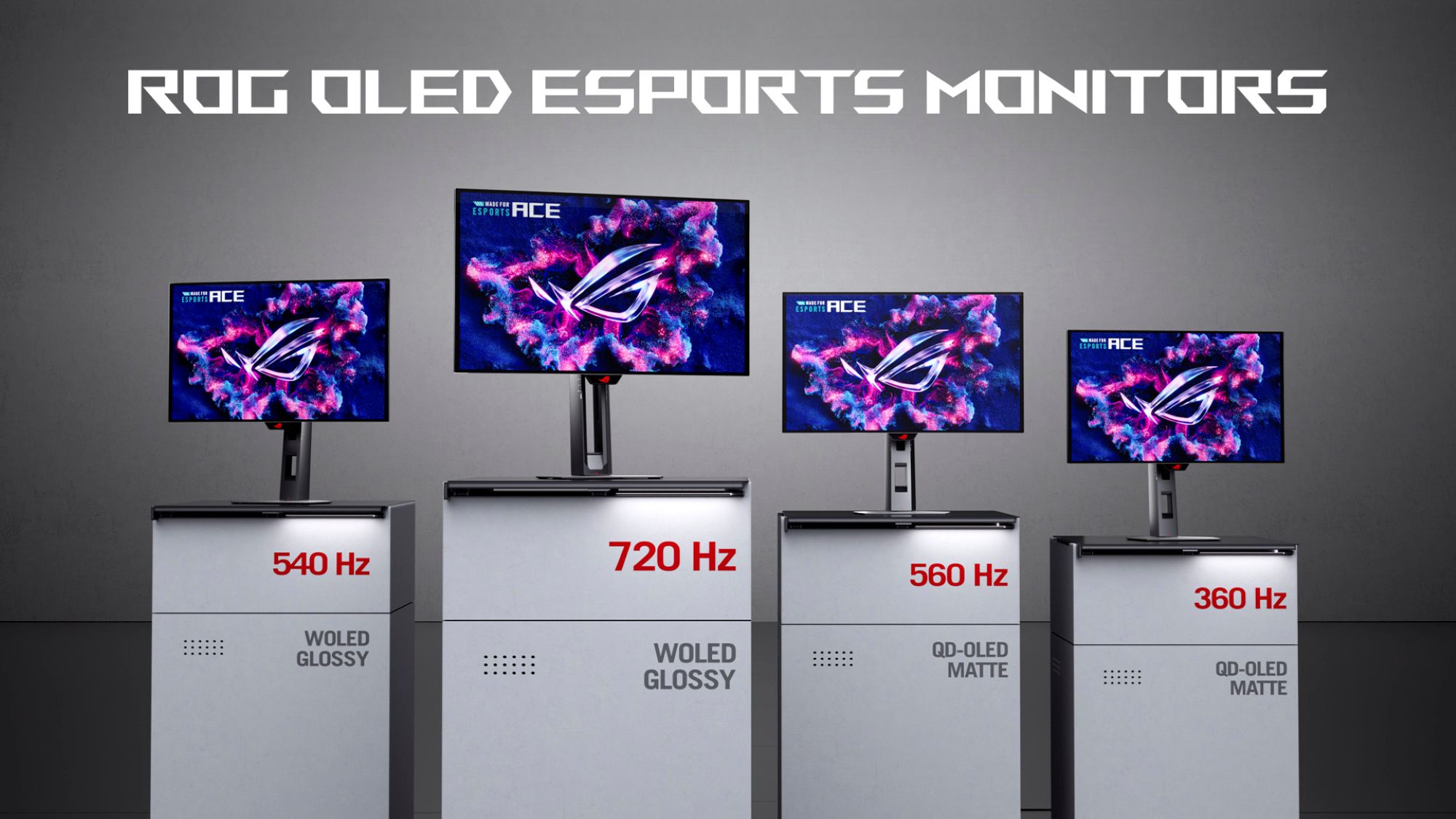 Familia de monitores ASUS ROG OLED Ace sobre pedestales