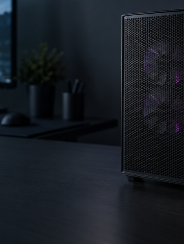 Torre de PC negra sobre un escritorio — imagen conceptual generada para GamerPC