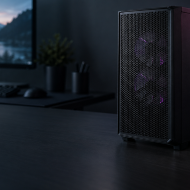 Torre de PC negra sobre un escritorio — imagen conceptual generada para GamerPC
