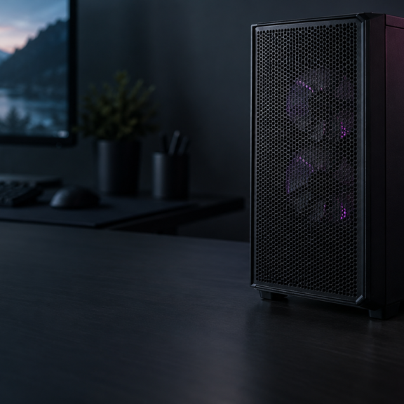 Torre de PC negra sobre un escritorio — imagen conceptual generada para GamerPC