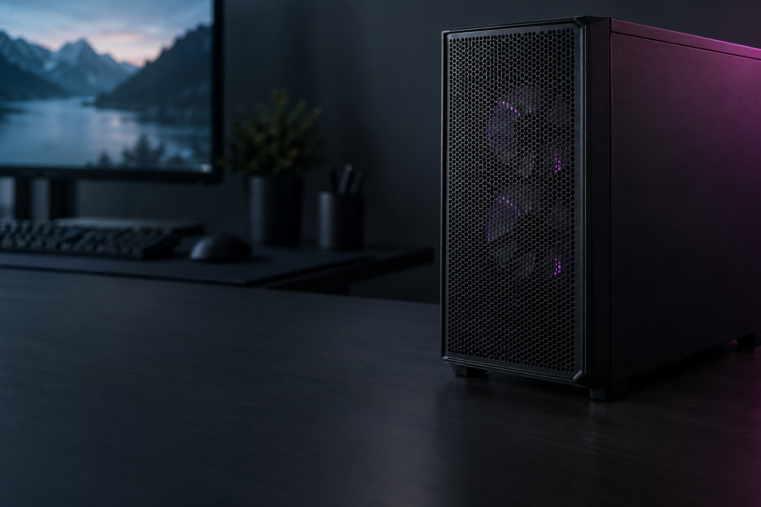 Torre de PC negra sobre un escritorio — imagen conceptual generada para GamerPC