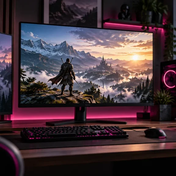 Escritorio gaming con un monitor panorámico, una pantalla vertical y un PC con iluminación rosa