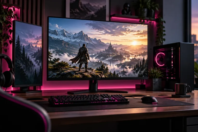 Escritorio gaming con un monitor panorámico, una pantalla vertical y un PC con iluminación rosa