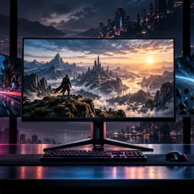 Tres monitores gaming con escenas de conducción, fantasía y espacio en un escritorio iluminado