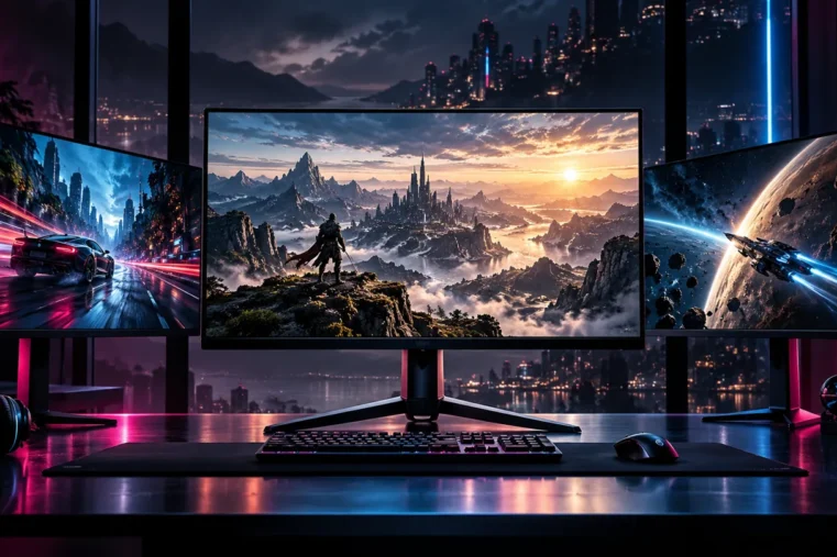 Tres monitores gaming con escenas de conducción, fantasía y espacio en un escritorio iluminado