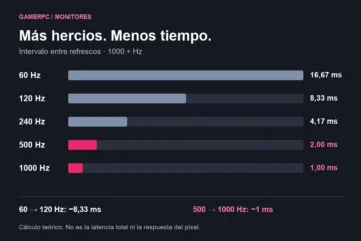 Intervalo entre refrescos: 60 Hz, 16,67 ms; 120 Hz, 8,33 ms; 240 Hz, 4,17 ms; 500 Hz, 2 ms; 1000 Hz, 1 ms.