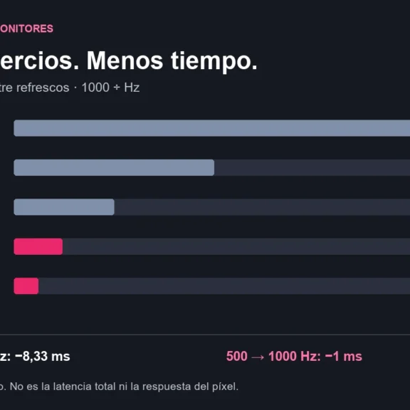 Intervalo entre refrescos: 60 Hz, 16,67 ms; 120 Hz, 8,33 ms; 240 Hz, 4,17 ms; 500 Hz, 2 ms; 1000 Hz, 1 ms.
