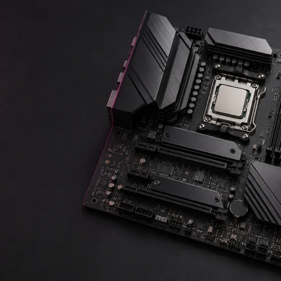 Ilustración editorial de una placa base AM5 para la guía del Ryzen 5 7500