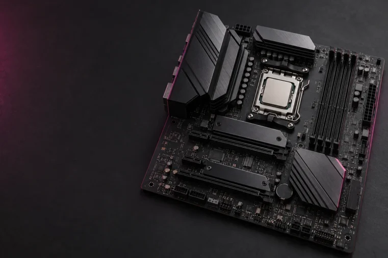Ilustración editorial de una placa base AM5 para la guía del Ryzen 5 7500
